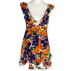 Zara Womens M 100% Cotton Floral Tank Top Babydoll V-Neck Multicolor Boho Ruffle